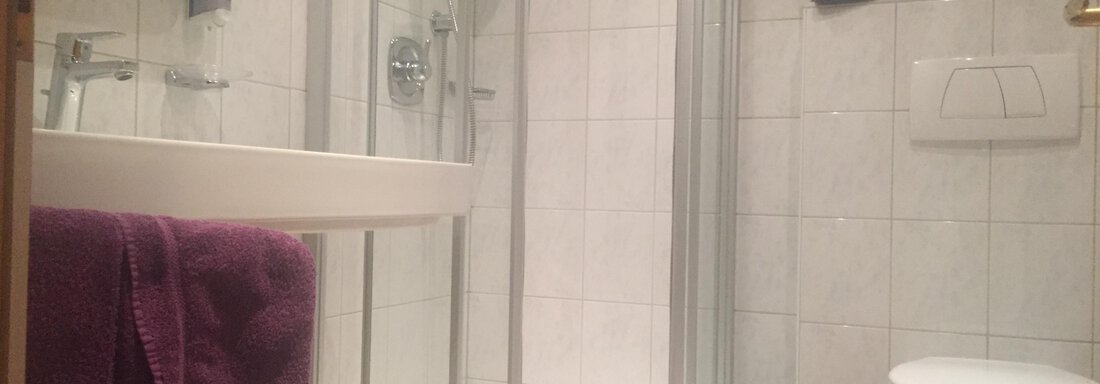 A modern bathroom with a shower cabin and bright tiles. There are towels in purple and a toilet. - Sportpension Rubin - Sölden