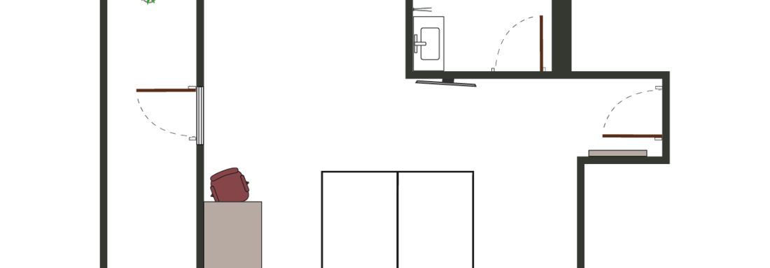 A simple floor plan drawing of an apartment. It shows a kitchen area, a bathroom, and a living/sleeping area with two beds. - Sportpension Rubin - Sölden