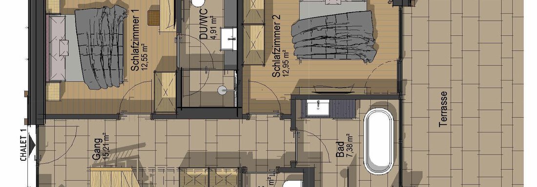 A floor plan of a house with two bedrooms, one bathroom, and a living area. The terrace is also drawn in. - The Peak Sölden - Sölden