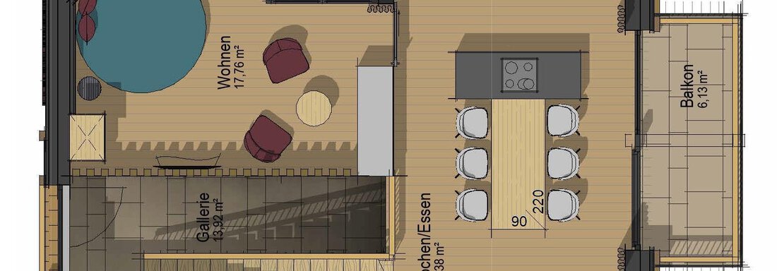 A floor plan drawing for a modern apartment. It shows the arrangement of living spaces, kitchen, and balcony. - The Peak Sölden - Sölden