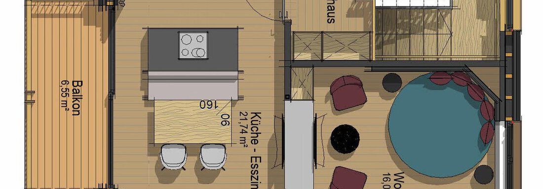 A floor plan of a house with an open living and dining area. The kitchen is adjacent to the living area, and there is a balcony. - The Peak Sölden - Sölden
