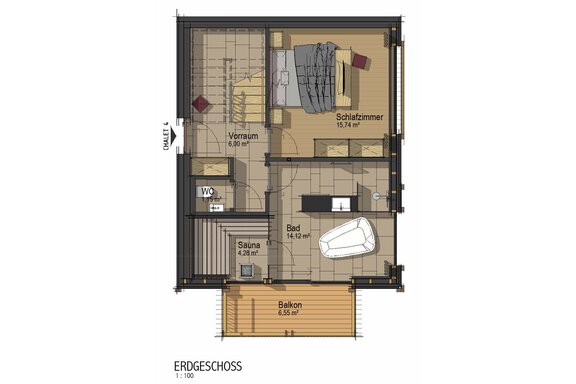 A floor plan of a property with a bedroom, bathroom, sauna, and balcony. The plan shows an efficient layout with an entrance area. - The Peak Sölden - Sölden