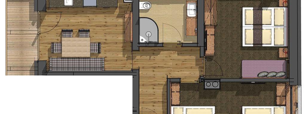A floor plan of an apartment with two bedrooms, a bathroom, and an open living area. The kitchen is on the left side, while a dining area is highlighted in the middle of the drawing. - The Peak Sölden - Sölden