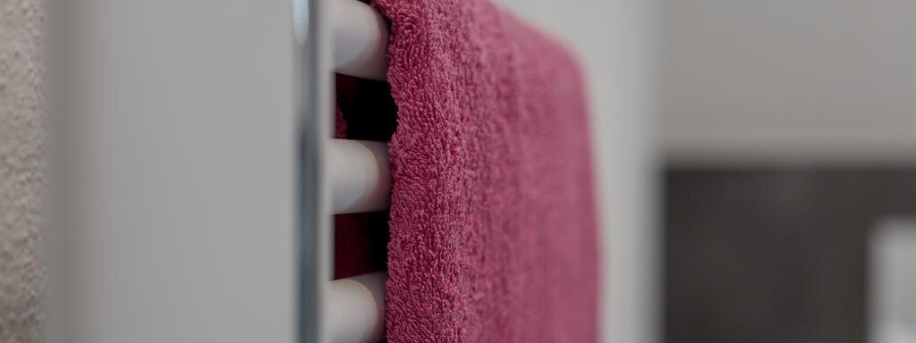 A red towel hangs on a modern towel warmer. The background is neutral and creates a calming atmosphere. - The Peak Sölden - Sölden