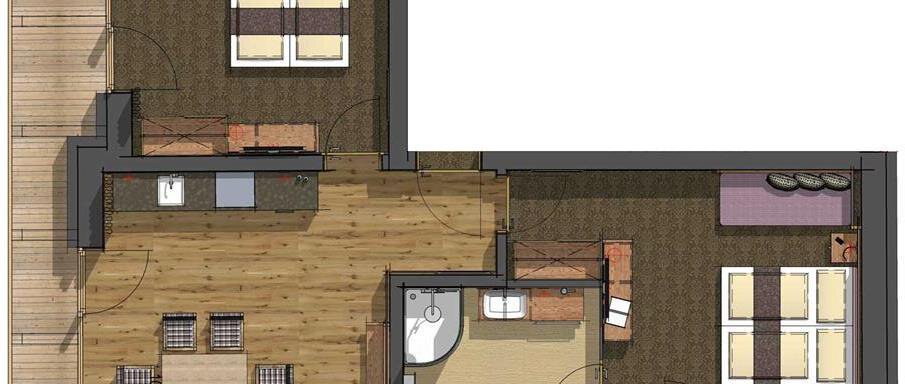 A floor plan drawing of an apartment with two bedrooms, one bathroom, and a living room. The rooms are arranged in a modern and functional way. - The Peak Sölden - Sölden