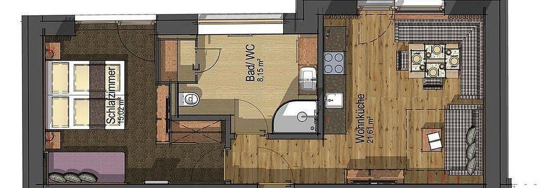A clear floor plan of an apartment with one bedroom, bathroom, and a living area. The space is functionally designed and offers room for a kitchen and a dining area. - The Peak Sölden - Sölden