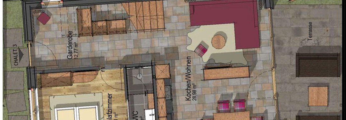 A schematic representation of a floor plan for a holiday home. The plan shows various rooms such as the living room, bedroom, and a terrace. - The Peak Sölden - Sölden