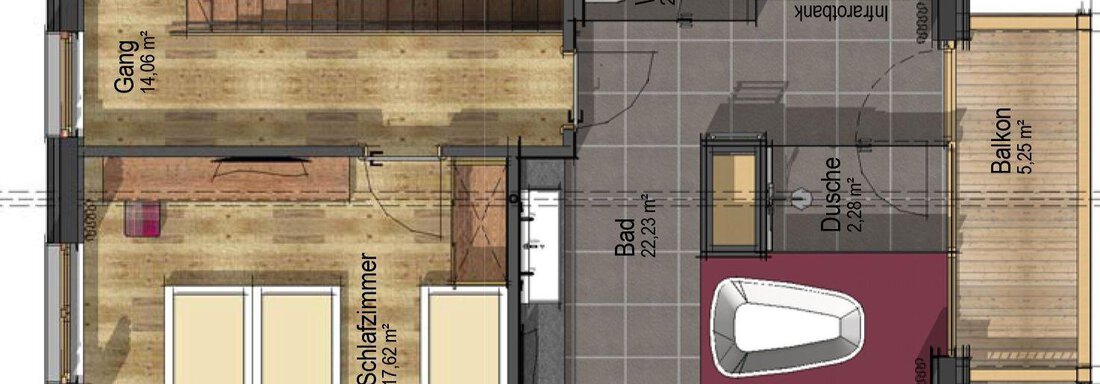 A floor plan drawing of a house with a bedroom, bathroom, and balcony. The room is brightly designed and shows the arrangement of the furniture. - The Peak Sölden - Sölden