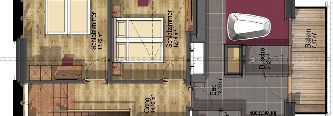 A floor plan of a house with two bedrooms, a bathroom, and a balcony. The rooms are clearly arranged and show wood and tile flooring. - The Peak Sölden - Sölden