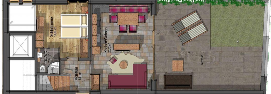 A floor plan sketch of a modern living space with a living area, dining area, and a terrace. The rooms are functionally and stylishly arranged. - The Peak Sölden - Sölden