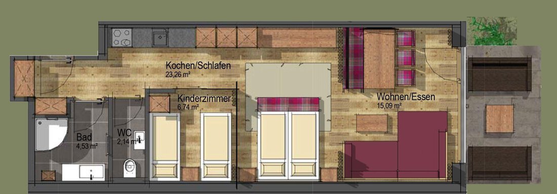 A well-designed floor plan for an apartment with a kitchen area, dining room, and living room. The layout also includes a bathroom and two bedrooms. - The Peak Sölden - Sölden