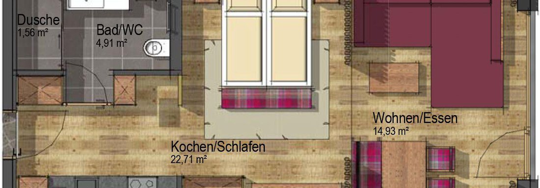 A floor plan of an apartment with one bedroom, a kitchen, and a living and dining area. The different rooms are clearly defined and have specified dimensions. - The Peak Sölden - Sölden