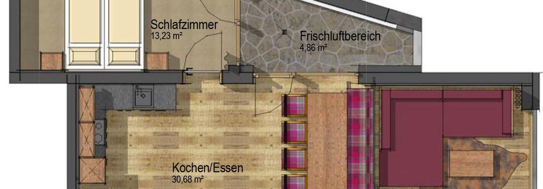 A floor plan sketch of an apartment featuring areas such as bedroom, kitchen/dining, living room, and a fresh air area. The individual rooms are clearly structured and illustrate the layout. - The Peak Sölden - Sölden