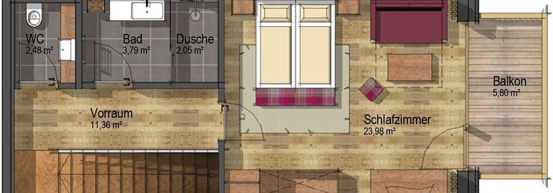 A sketched apartment layout with one bedroom, hallway, and bathroom. The balcony is also marked, along with the room sizes. - The Peak Sölden - Sölden