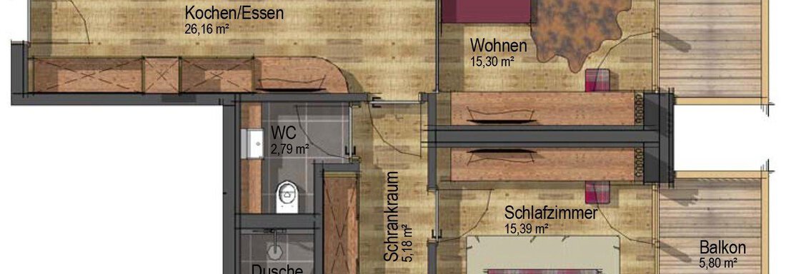 A floor plan drawing of an apartment with different rooms. The kitchen, the living room, the bedroom, and two balconies are clearly visible. - The Peak Sölden - Sölden