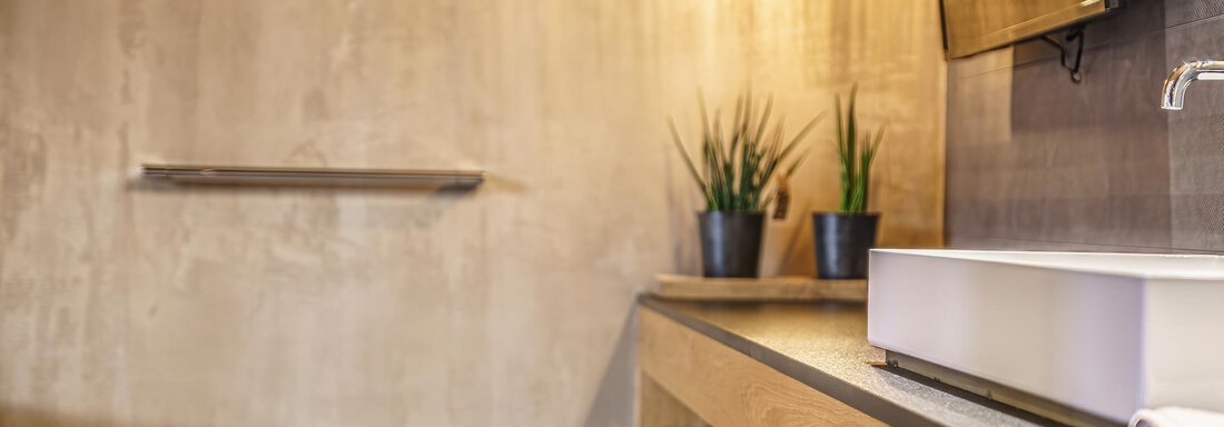 A modern bathroom with wooden details and a stylish washbasin. Plants add a fresh touch to the space. - The Peak Sölden - Sölden