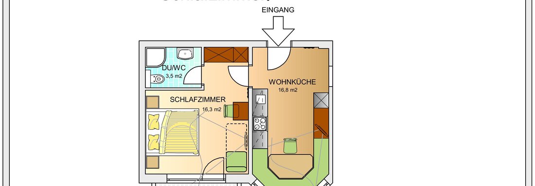 Wohnung 1 Schlafzimmer An apartment with one bedroom is depicted. The floor plan shows a living kitchen, bathroom, and balcony. - Toni's Ferienheim - Sölden