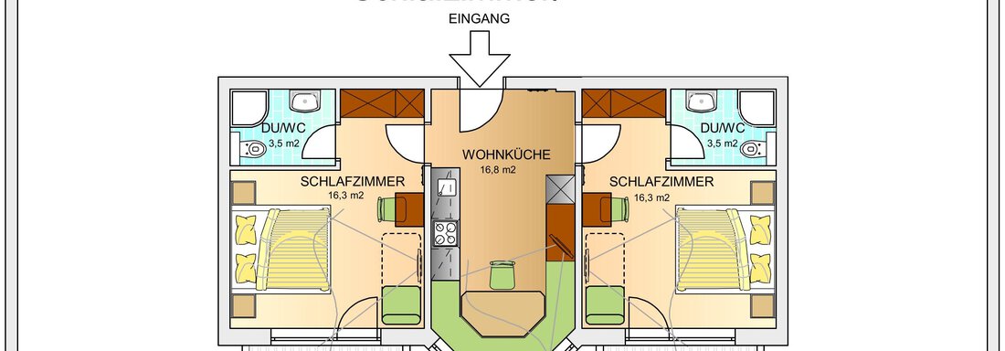 Wohnung 2 Schlafzimmer An apartment with two bedrooms and a central living area. There is a balcony and bathrooms on both sides. - Toni's Ferienheim - Sölden