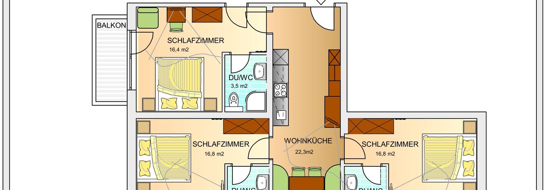 Wohnung 3 Schlafzimmer A floor plan with three bedrooms and a balcony. The center is the living room with an open kitchen. - Toni's Ferienheim - Sölden