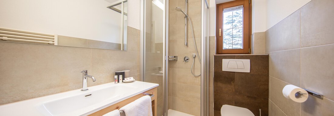A modern bathroom with a shower, a sink, and a toilet. The walls are light, and there is a large window for daylight. - Toni's Ferienheim - Sölden