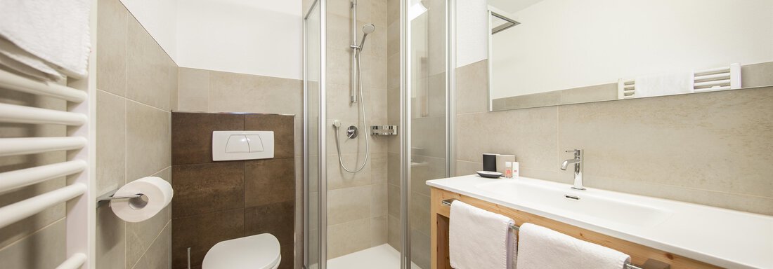 A modern bathroom with a shower area and a sink. The walls are designed in neutral tones, and there are practical towel holders. - Toni's Ferienheim - Sölden