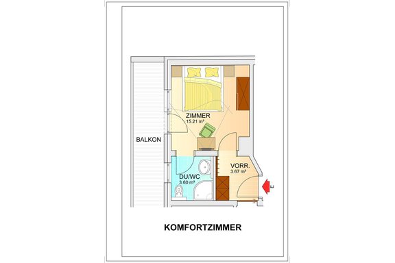 The image shows a floor plan of a comfort room featuring a bedroom, a pantry, and a bathroom. The room has a balcony and offers a clear layout. - Top Apart Daniela - Sölden