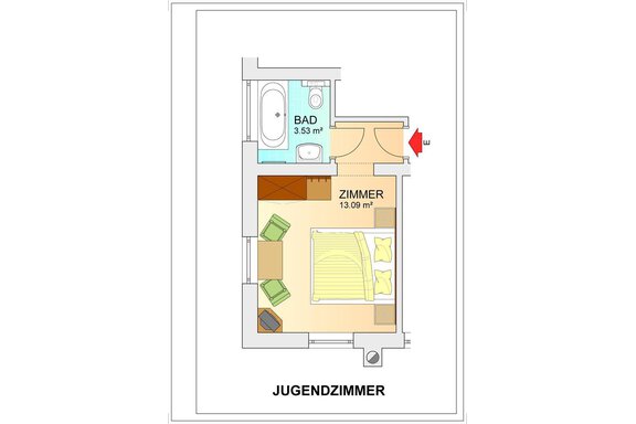 Skizze Jugendzimmer Nr. 5 A floor plan of a youth room with a bathroom. The room has a size of 13.09 m² and the bathroom has a size of 3.53 m². - Top Apart Daniela - Sölden