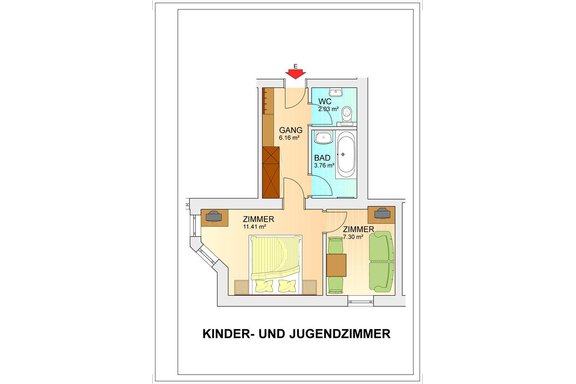Skizze Kinder/Studentenzimmer A floor plan of a children's and youth room with three rooms. There is a bathroom, a toilet, and a hallway. - Top Apart Daniela - Sölden
