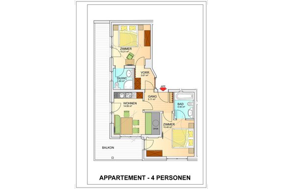 An apartment floor plan for an apartment accommodating four people. The layout shows various rooms such as the living room, bedroom, and bathroom. - Top Apart Daniela - Sölden