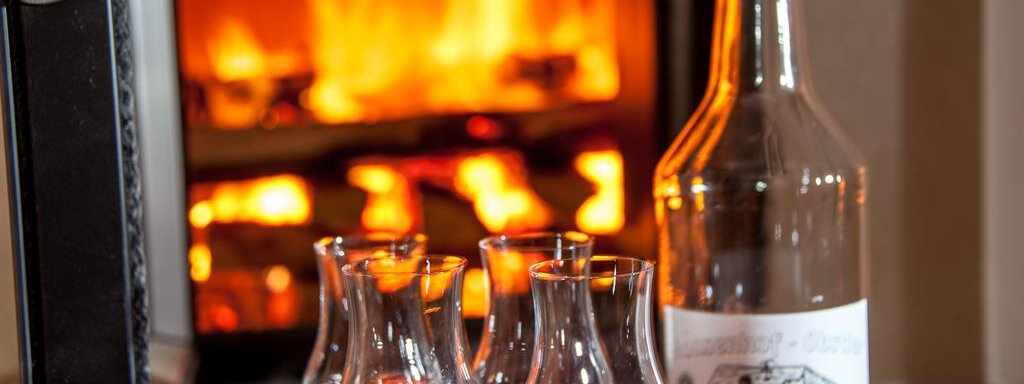 A bottle of wine stands next to three glasses in front of a roaring fireplace. The scene radiates coziness and warmth. - Top Apart Daniela - Sölden