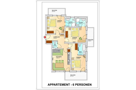 A floor plan representation for an apartment that accommodates 6 people. The apartment includes several rooms, a bathroom, and balconies. - Top Apart Daniela - Sölden