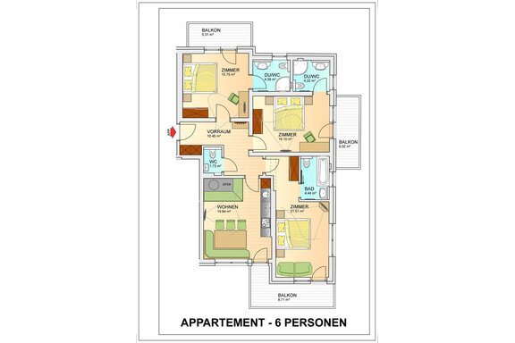 A floor plan drawing of an apartment for up to 6 people. It shows various rooms, a living area, bathrooms, and balconies. - Top Apart Daniela - Sölden