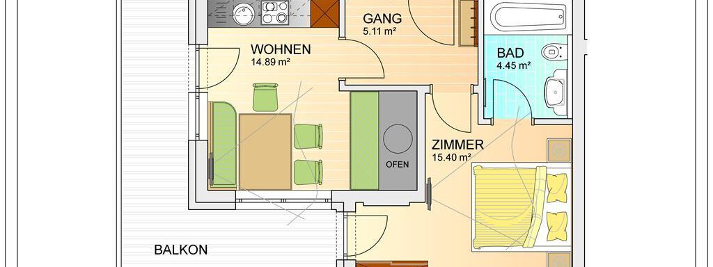 A floor plan sketch of an apartment for two people. It shows living spaces, a bedroom, a bathroom, and a balcony. - Top Apart Daniela - Sölden