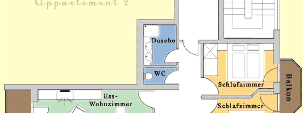 The image shows the floor plan of an apartment with bedrooms, a dining-living room, a kitchen, and bathrooms. Several balconies are also drawn in. - Trofana Appartements - Sölden
