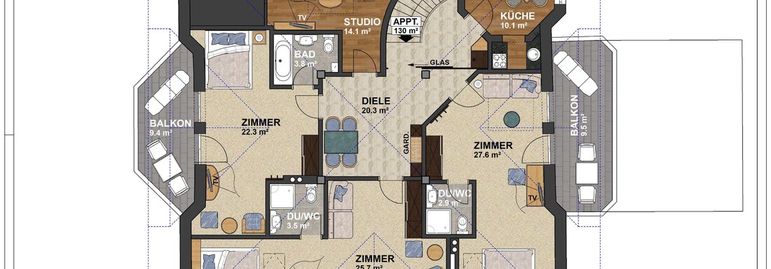 Grundriss Appartement | © Stephanie Lohmann, Villa Castelbell (CC C) A floor plan sketch of an apartment with several rooms, a kitchen, and multiple balconies. The rooms are clearly indicated and include a living room, bedroom, and bathroom. - Villa Castelbell - Sölden