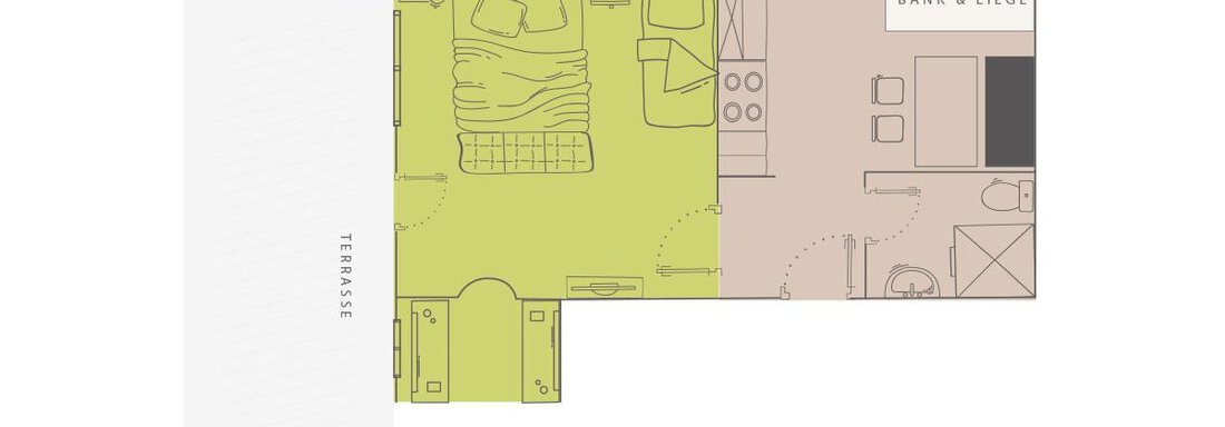 A floor plan sketch of an apartment with a bedroom, kitchen, and living area. The rooms are clearly arranged and simply depicted. - Vizensn Living - Sölden