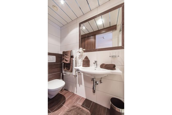 A modern bathroom with a toilet, sink, and a large mirror. The wall color is light and the furnishings are simple and elegant. - Vizensn Living - Sölden