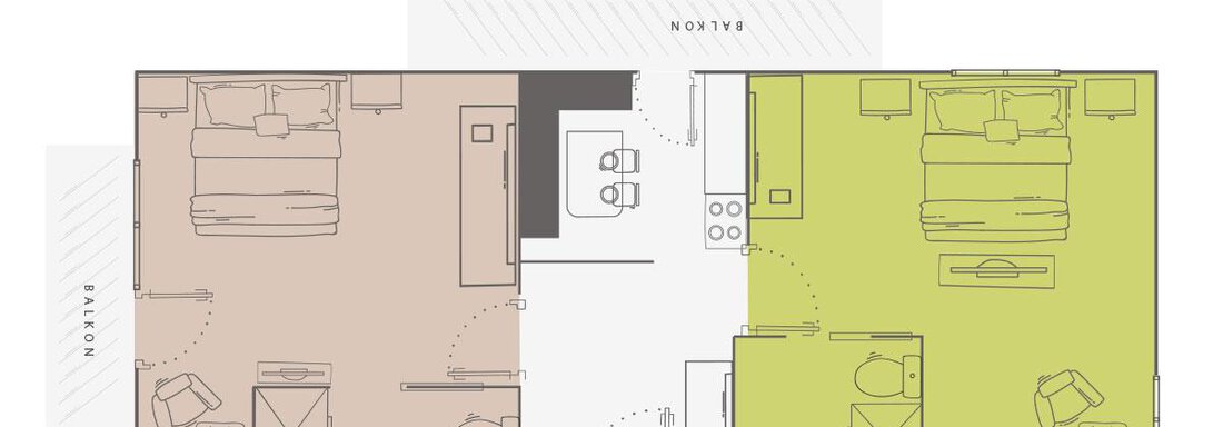 A sketch of an apartment with two bedrooms and a shared living area. The colors indicate the arrangement of the rooms and furniture. - Vizensn Living - Sölden