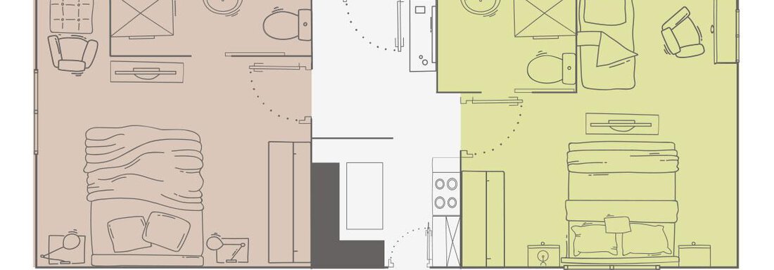 The image shows a floor plan of an apartment with two bedrooms and a balcony. The left area is designed in a brown color and the right area in a light green shade. - Vizensn Living - Sölden