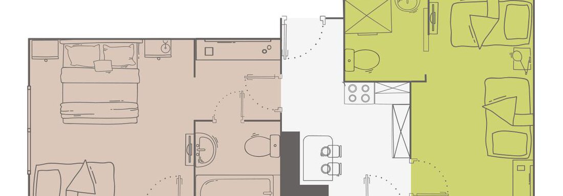 A floor plan drawing of an apartment with different rooms. The design features a kitchen, a living room, and access to a balcony. - Vizensn Living - Sölden