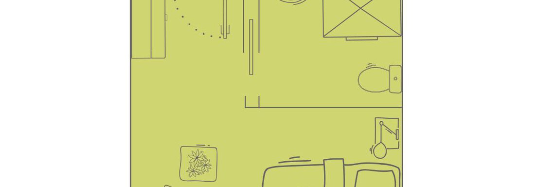 A simple sketch of a single room. The room features a bed, a chair, and a bathroom. - Vizensn Living - Sölden