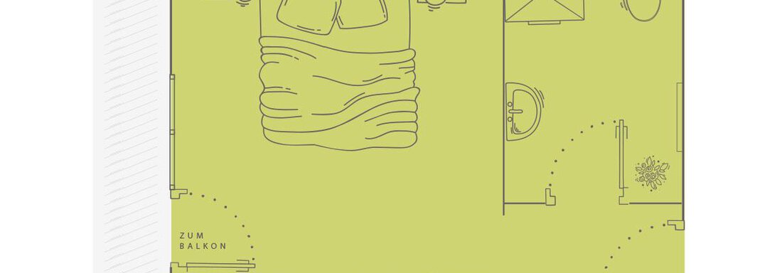 A sketch of a double room with a large bed, a table, and chairs. The room has a bathroom and access to the balcony. - Vizensn Living - Sölden