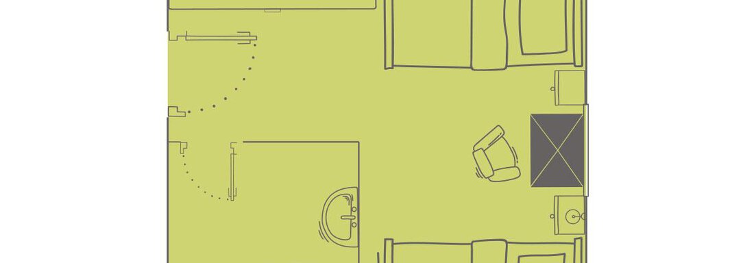 A floor plan of a double room type B with two beds, a desk, and a bathroom. The room layout shows a practical use of space. - Vizensn Living - Sölden