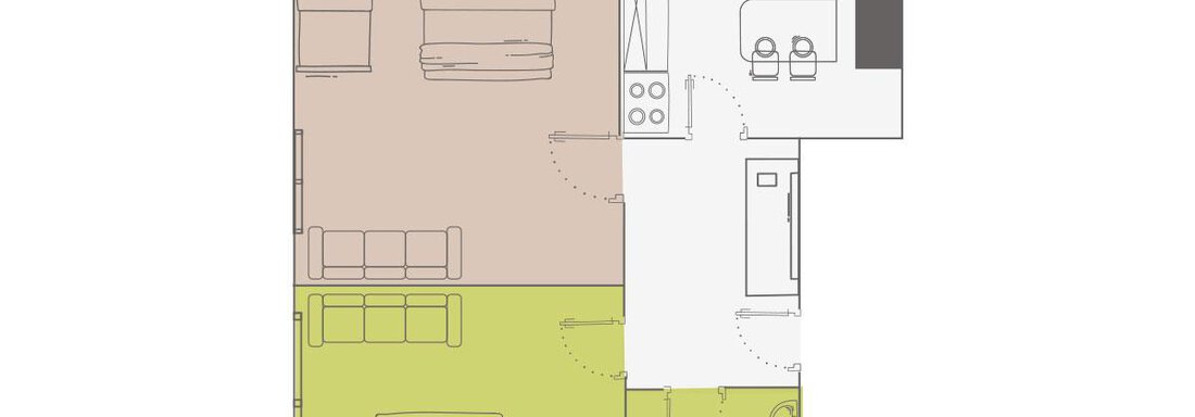 A floor plan sketch for the Rosa apartment. The plan shows several rooms, including a bedroom, living room, and kitchen. - Vizensn Living - Sölden