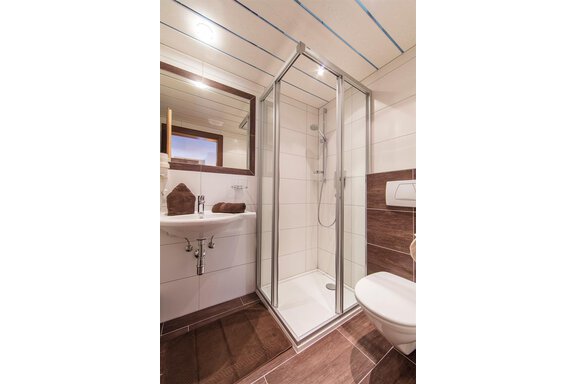 A modern bathroom with a shower cabin, a sink, and a toilet. The walls are brightly tiled, and the floor is made of dark wood. - Vizensn Living - Sölden