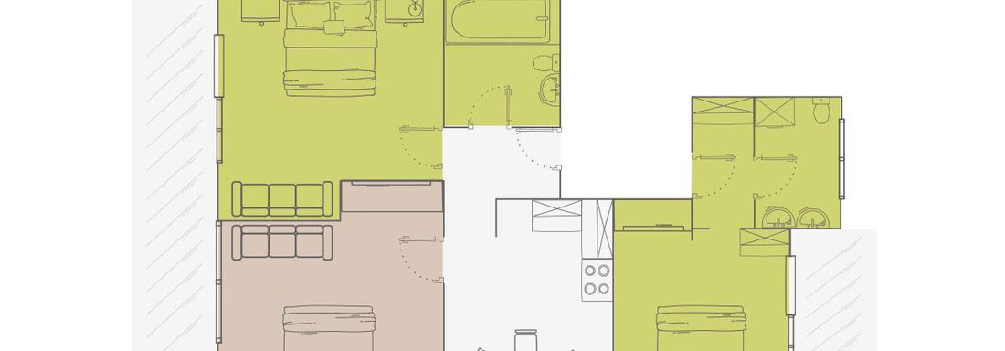 Sketch of a living space with two bedrooms, a balcony, and an open kitchen. The arrangement of the furniture is clearly and neatly presented. - Vizensn Living - Sölden
