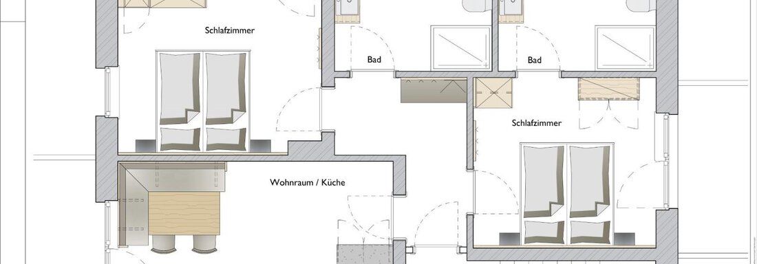 Grundriss der Wohnung | © Tischlerei Riml, Zenz´n Hof (CC C) This is a floor plan of an apartment with two bedrooms and a living area with a kitchen. The rooms are clearly arranged and well structured. - Zenz´n Hof - Sölden