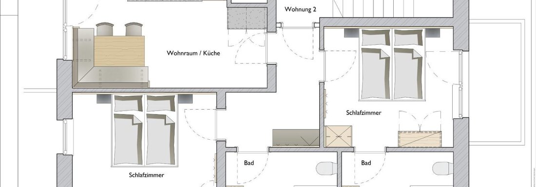 Grundriss Wohnung | © Tischlerei Riml, Zenz´n Hof (CC C) A floor plan of a living space with several rooms and bathrooms. The layout shows living areas, bedrooms, and a kitchen. - Zenz´n Hof - Sölden