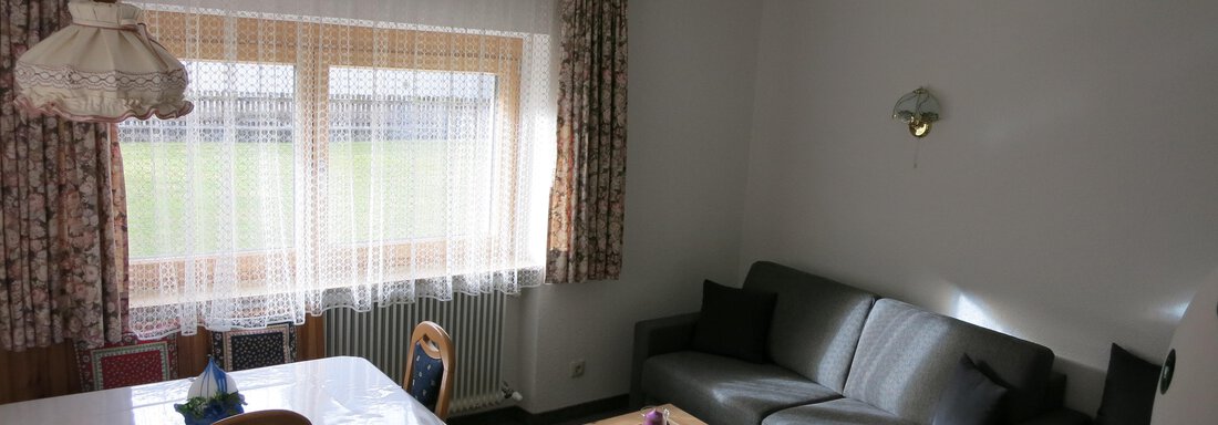 IMG_1275 A cozy living room with a sofa, a table, and a windowsill. The walls are light, and there are curtains with a floral pattern. - Apart Martina - Umhausen