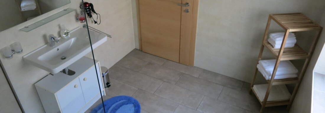 A modern bathroom with a sink and a large mirror. In the background, there is a shelf with fresh towels. - Apart Martina - Umhausen
